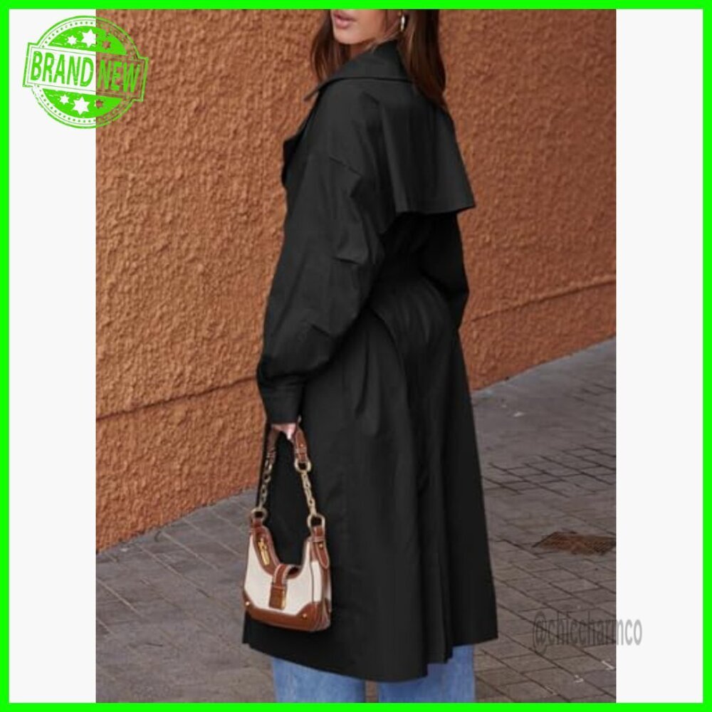 Oversized Long Trench Coat with Belt, Double Breasted Lapel, Water Resistant - Picture 3 of 7
